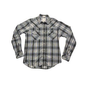BKE Long Sleeve Pearl Snap Athletic Slim Fit Plaid Shirt Men's Medium Blue Gray
